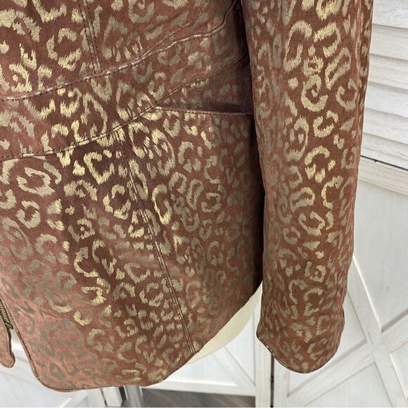 Pamela McCoy Metallic Leopard Print Leather Coat Brown Gold 1X Zipper Front - Picture 8 of 15